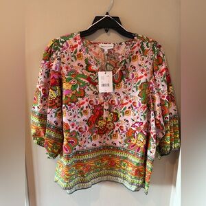 Gibson Latimer Pink Multicolor Floral Border-Print Peasant Blouse